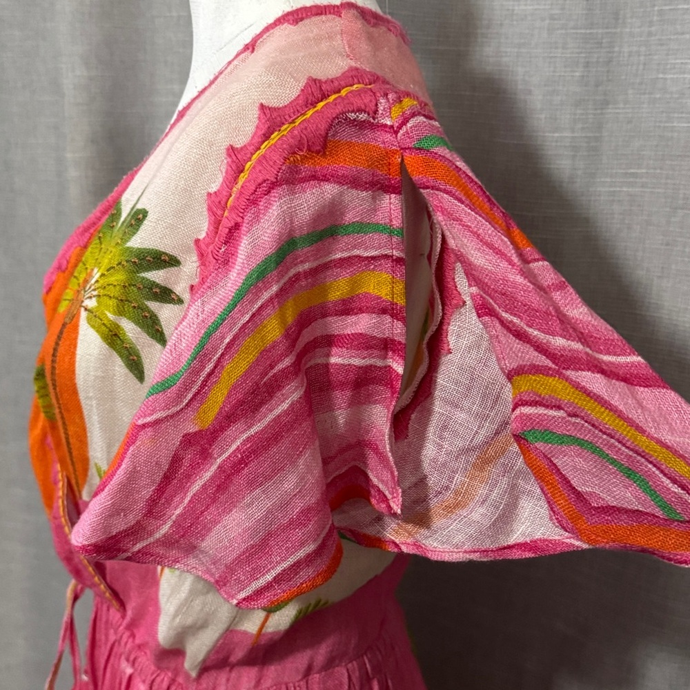 Pin-Up Stars Linen Maxi Dress-Sz S-Flutter Sleeve-Pink/Orange/Green-Sexy V Neck - Picture 11 of 17